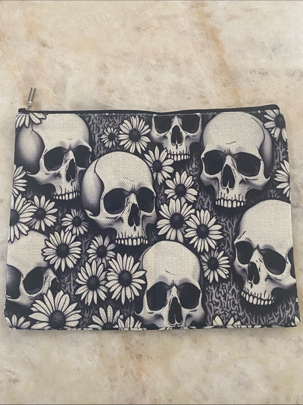 Skull & Daisy Canvas Zip Pouch - Black and White